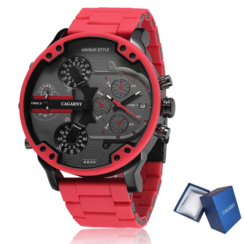 Cagarny 57mm 3D Big Dial Red Watch Men Luxury Silicone Steel Band Mens Wristwatch Casual Quartz Watch Military Relogio Masculino