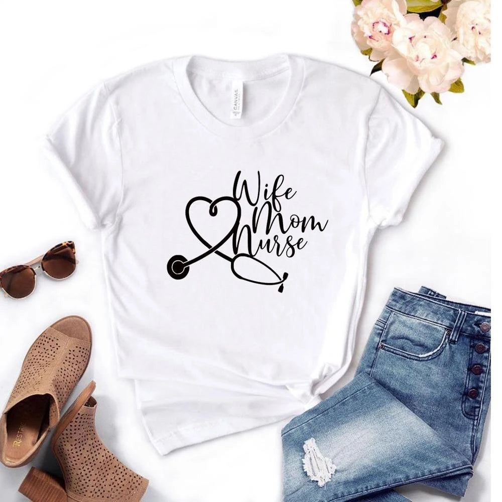 Women T Shirt Wife Mom Nurse Print Tshirt Women Short Sleeve O Neck T-shirt Ladies Causal Tee Shirt Tops