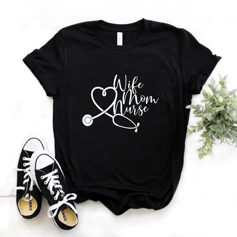 Women T Shirt Wife Mom Nurse Print Tshirt Women Short Sleeve O Neck T-shirt Ladies Causal Tee Shirt Tops