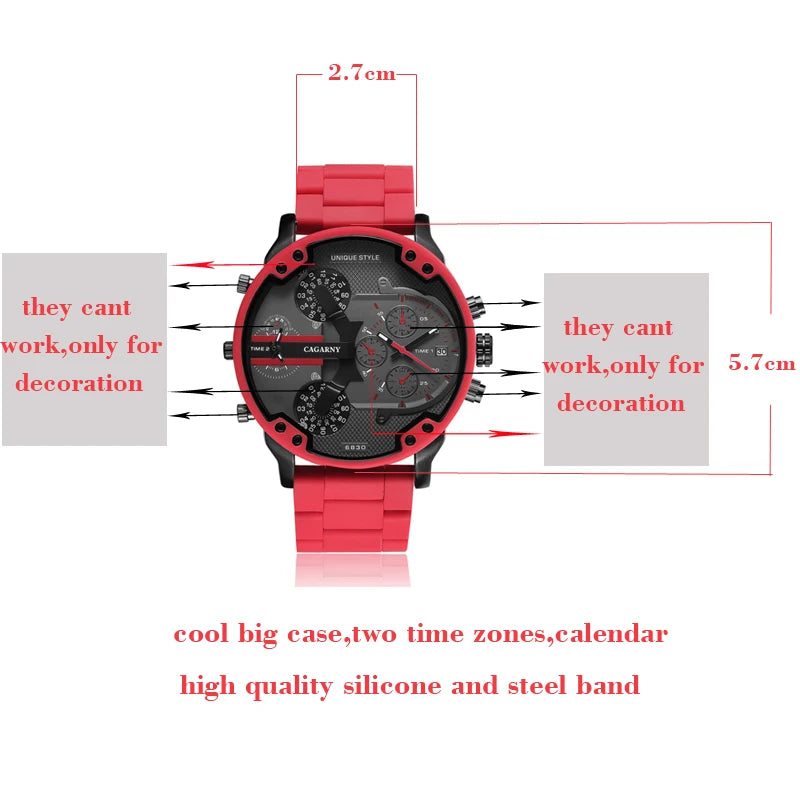 Cagarny 57mm 3D Big Dial Red Watch Men Luxury Silicone Steel Band Mens Wristwatch Casual Quartz Watch Military Relogio Masculino