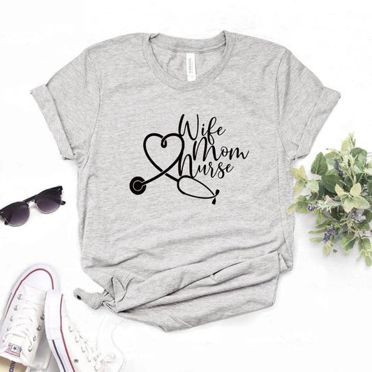 Women T Shirt Wife Mom Nurse Print Tshirt Women Short Sleeve O Neck T-shirt Ladies Causal Tee Shirt Tops