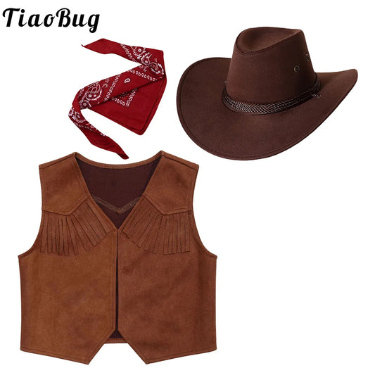 Wild West Cosplay Cowboy Cowgirl Costume Halloween Dress Up Clothes for Kids New Fringe Sleeveless Vest with Bandanna Hat Set