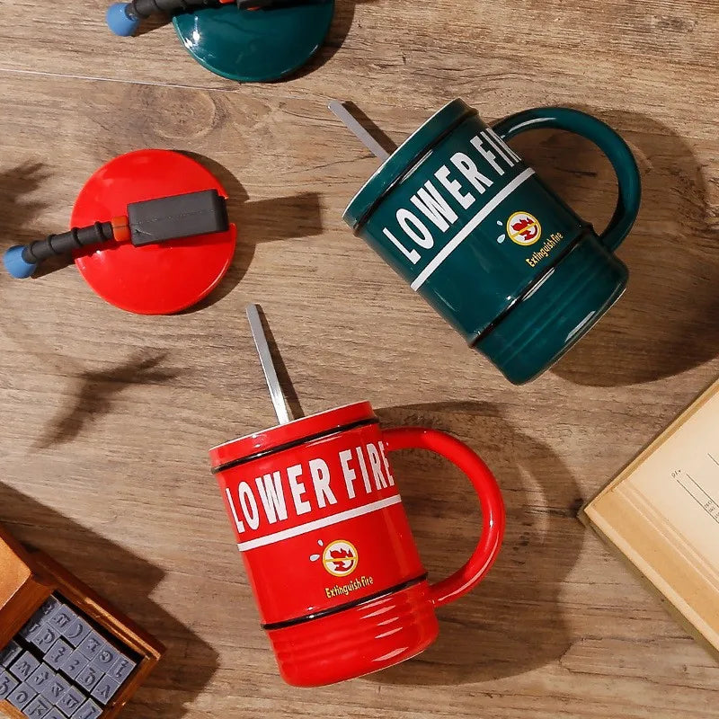 Creative Ceramic Fire Extinguisher Shape Coffee Mugs with Lid and Spoon Fun Mug Perfect Gift for Firefighters Home and Office