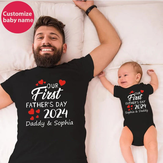 Custom Name Our First Father's Day 2024 Daddy and Daughter Son Family Match Outfits Baby Bodysuit Fathers Day Personalized Gifts