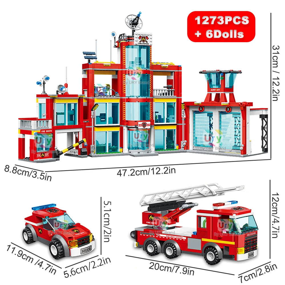 City Fire Station Ladder Truck Helicopter Car Rescue Boat Firefighter Figure Aircraft Model Moc Building Blocks Toy for Boy Gift