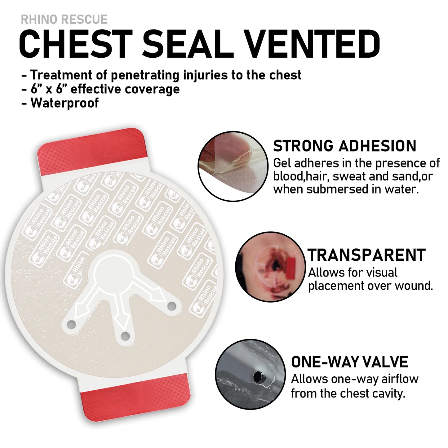 Ce Approved Rhino Rescue Military Chest Seal Vent Medical Combat Chest Seal Vented With Valved Wound Dressing Trauma Bandage