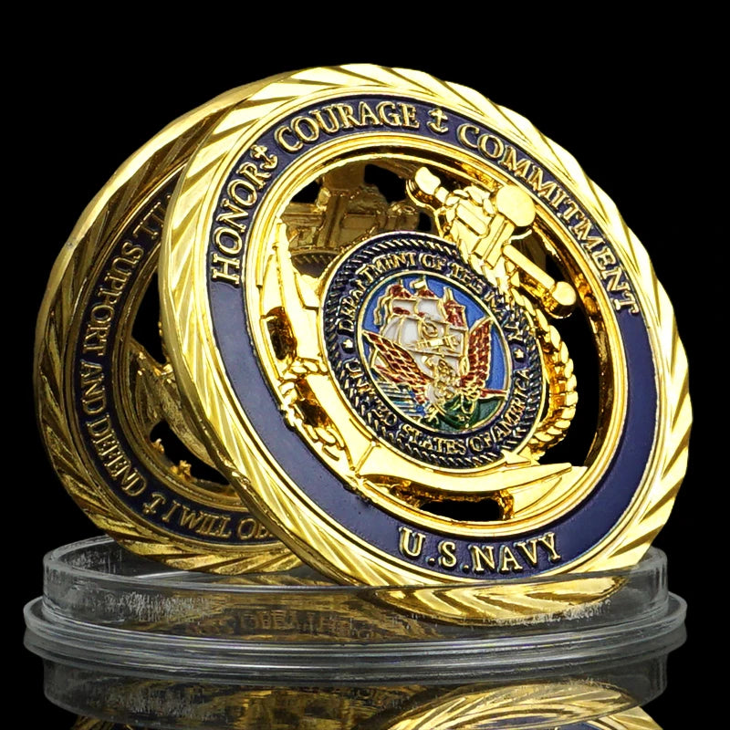 US Navy Anchor Hollow Military Challenge Coin Gold Plated Coin Commitment Courage Honor Commemorative Coins Gifts