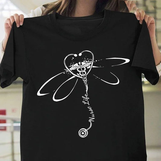 Dragonfly Stethoscope Nurse Life Print T Shirt Women Short Sleeve O Neck Loose Tshirt Women Causal Tee Shirt Camisetas Mujer