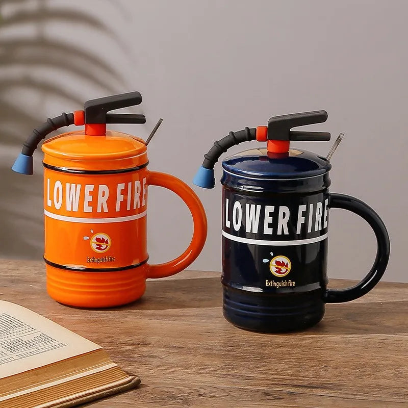 Creative Ceramic Fire Extinguisher Shape Coffee Mugs with Lid and Spoon Fun Mug Perfect Gift for Firefighters Home and Office