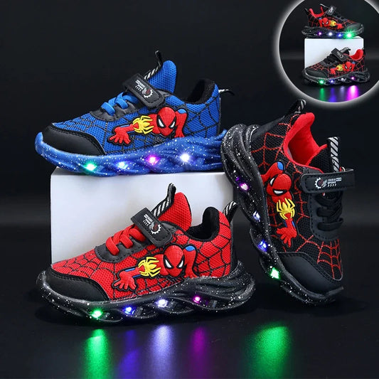 Superhero Boys Shoes Spider - man LED Lights Cartoon Autumn Children Sports Shoes Leather Non-slip Running Shoes Sneaker