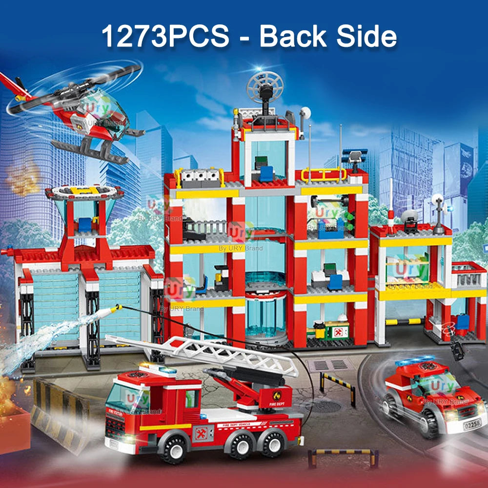 City Fire Station Ladder Truck Helicopter Car Rescue Boat Firefighter Figure Aircraft Model Moc Building Blocks Toy for Boy Gift