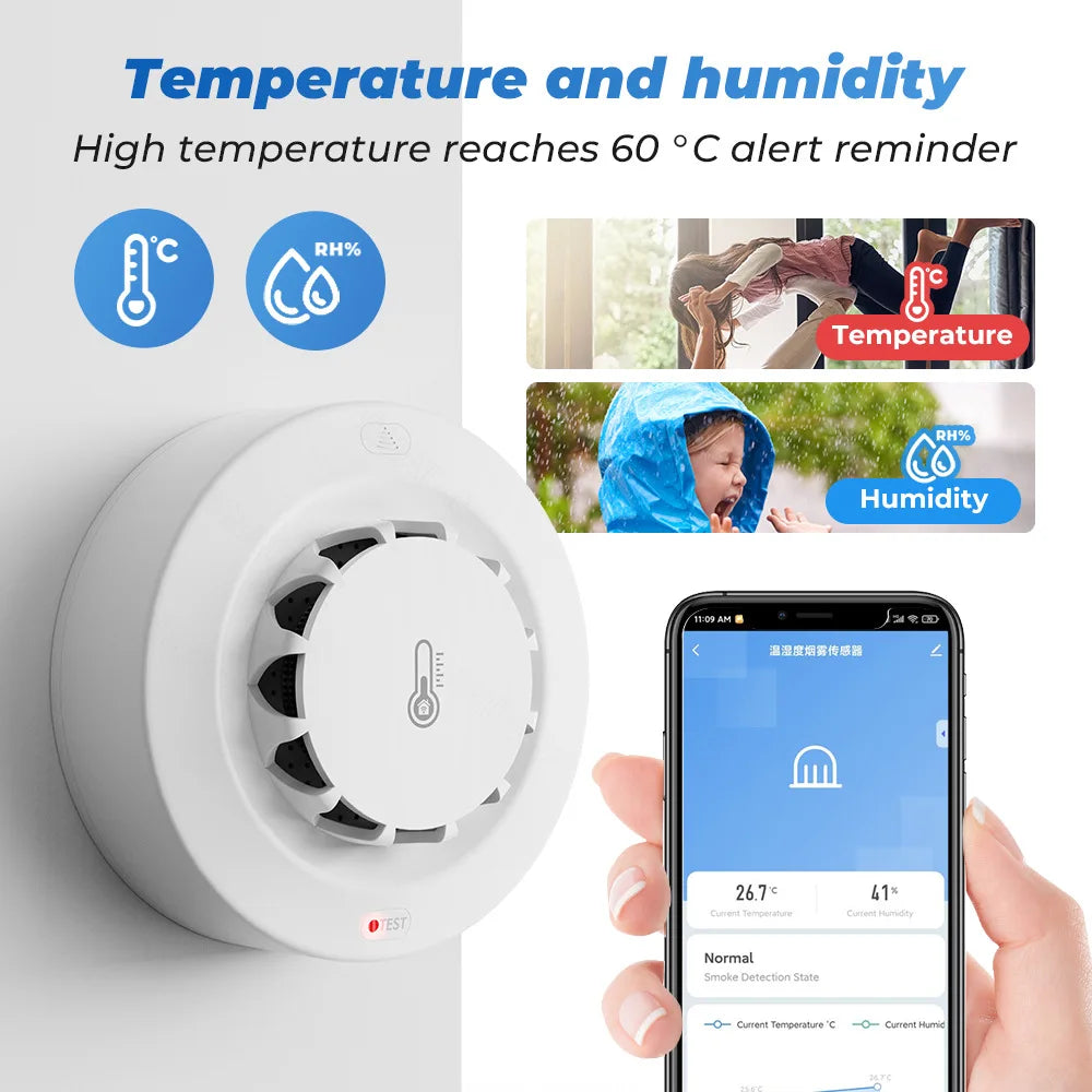 Tuya WiFi Smoke Alarm Temperature And Humidity Detection 2 In1 Fire Protection Smoke Detector Sensor Smart Life Firefighter