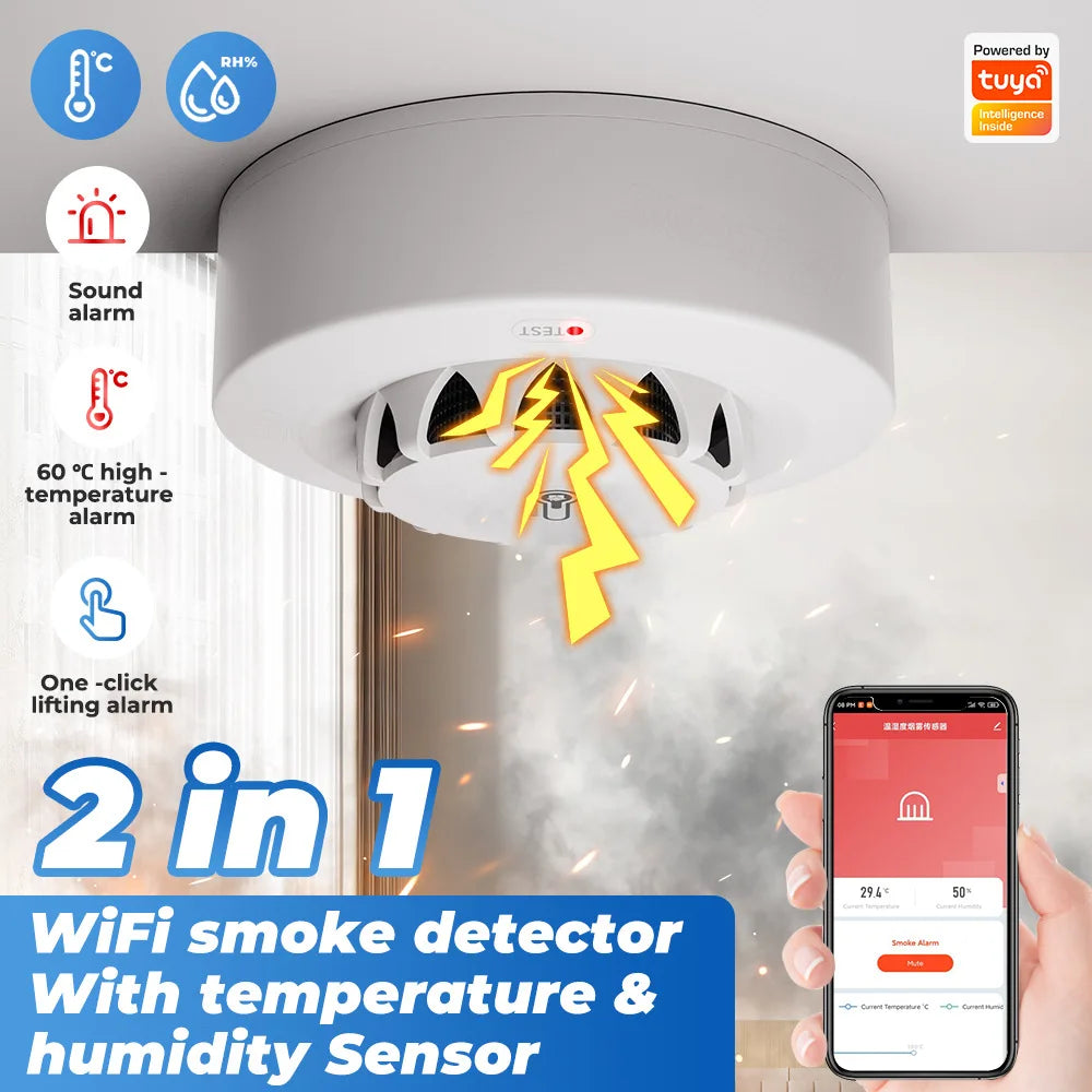 Tuya WiFi Smoke Alarm Temperature And Humidity Detection 2 In1 Fire Protection Smoke Detector Sensor Smart Life Firefighter