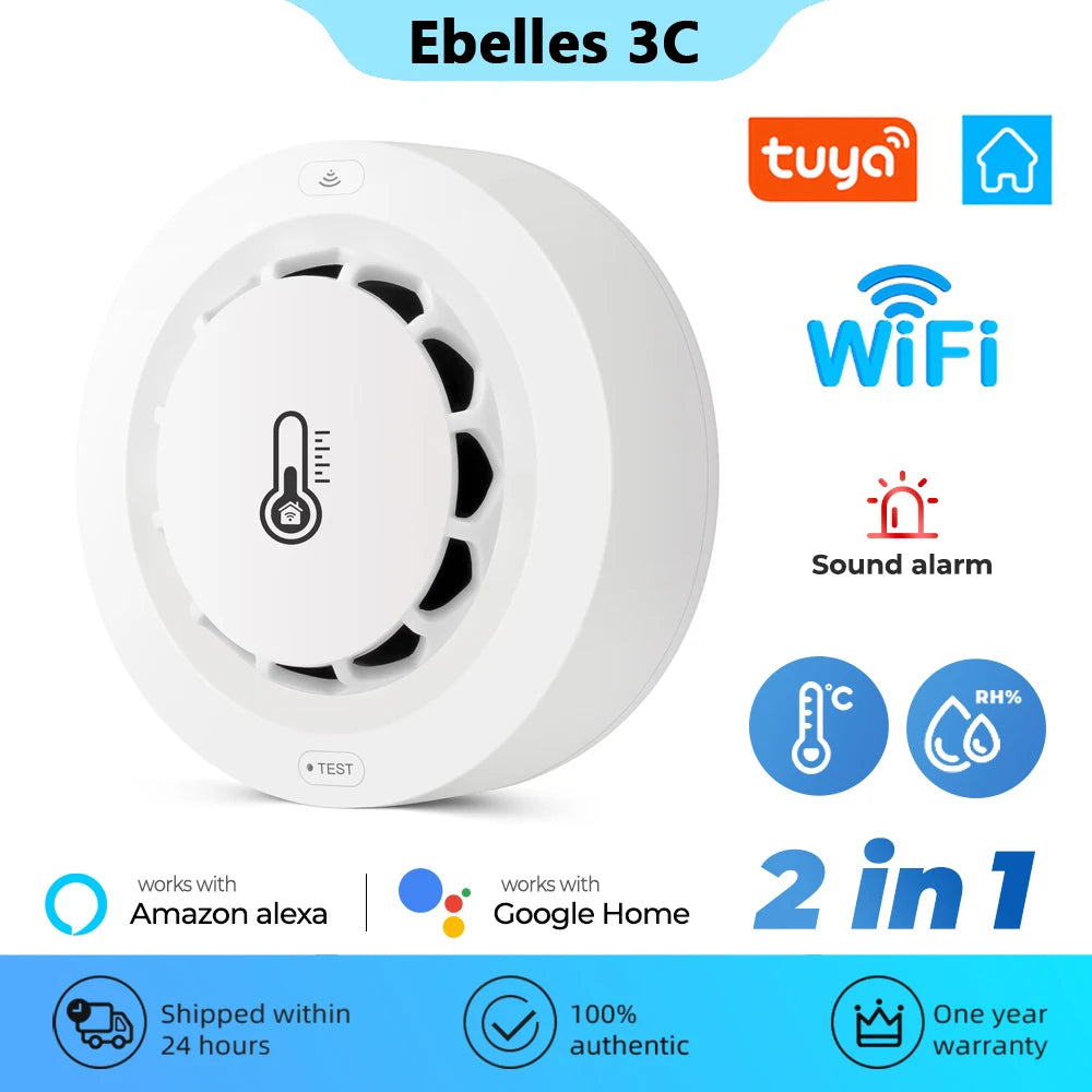 Tuya WiFi Smoke Alarm Temperature And Humidity Detection 2 In1 Fire Protection Smoke Detector Sensor Smart Life Firefighter