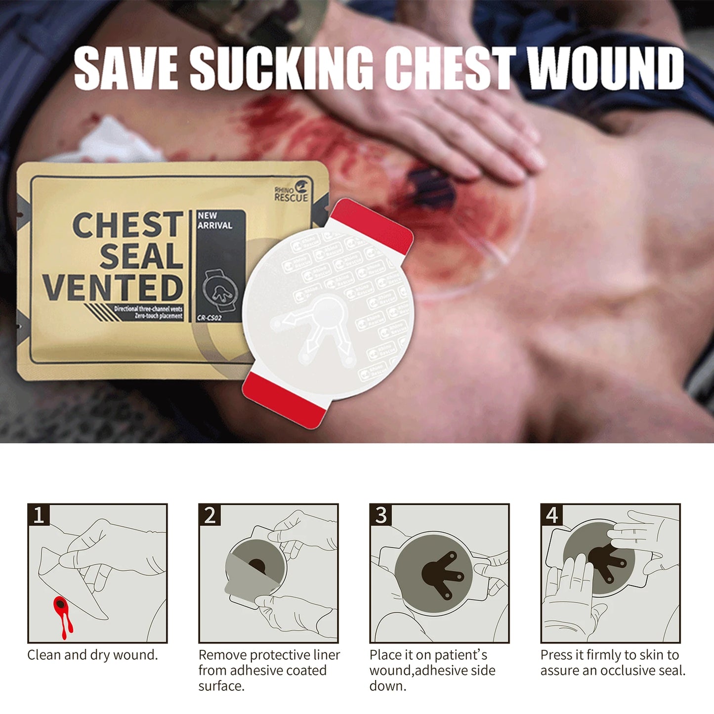 Ce Approved Rhino Rescue Military Chest Seal Vent Medical Combat Chest Seal Vented With Valved Wound Dressing Trauma Bandage