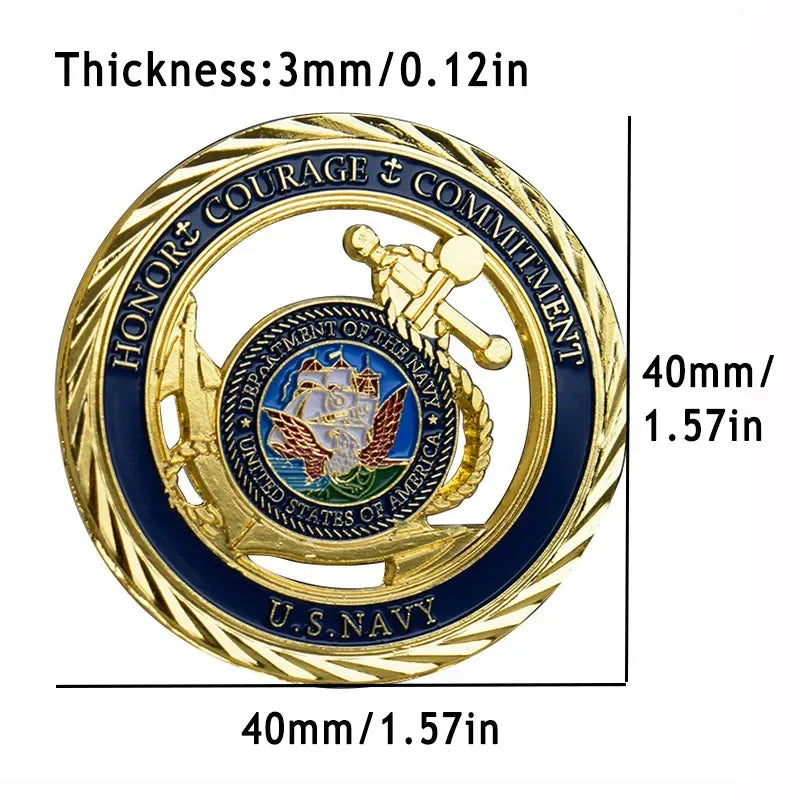 US Navy Anchor Hollow Military Challenge Coin Gold Plated Coin Commitment Courage Honor Commemorative Coins Gifts