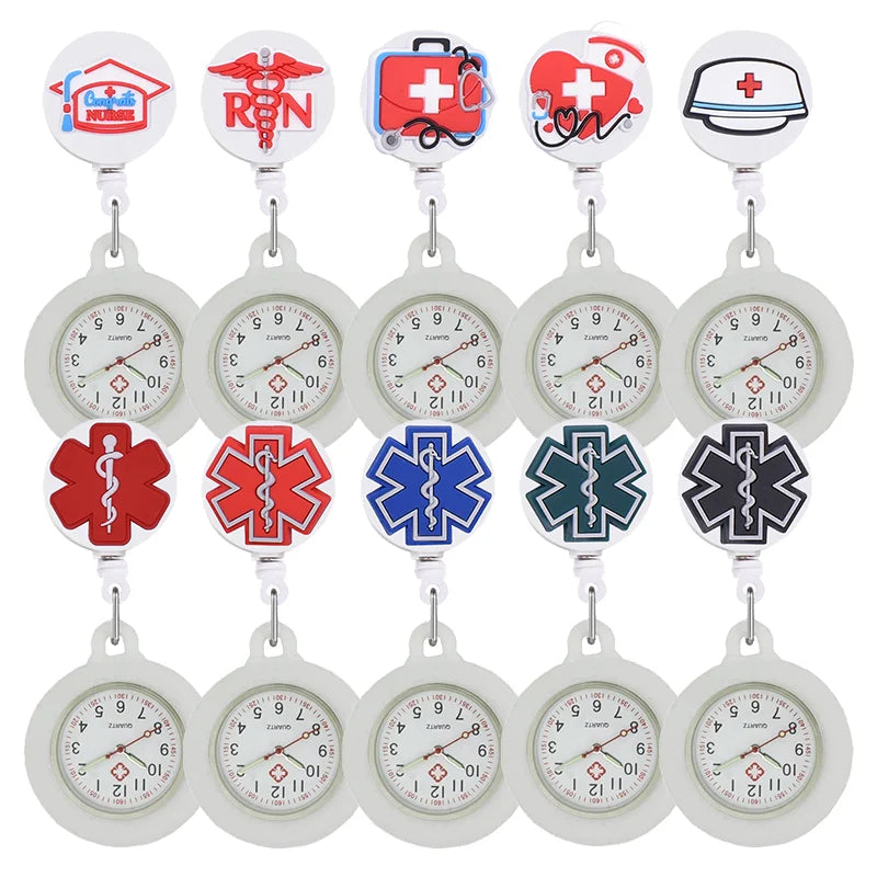 YIJIA Lovely Red Cross Retractable Badge Reel Hospital Nurse Logo Pocket Watches with Silicone Case and Luminous Pointer