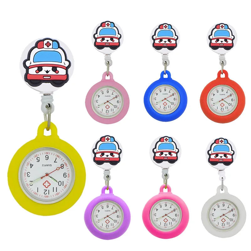 YiJia Lovely Pocket Watch for Nurse Cartoon Ambulance Retractable Badge Reel Medical Reloj with Silicone Case