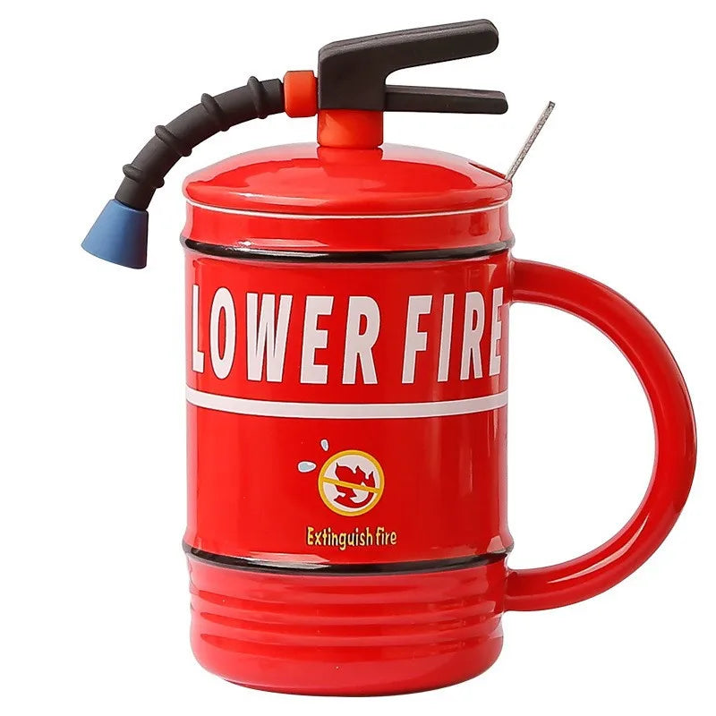 Creative Ceramic Fire Extinguisher Shape Coffee Mugs with Lid and Spoon Fun Mug Perfect Gift for Firefighters Home and Office