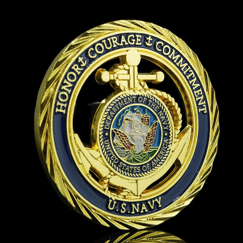 US Navy Anchor Hollow Military Challenge Coin Gold Plated Coin Commitment Courage Honor Commemorative Coins Gifts