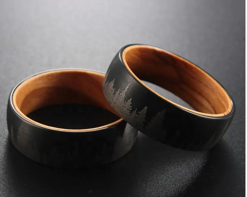 Black Etched Tree Line Wood and Tungsten Ring